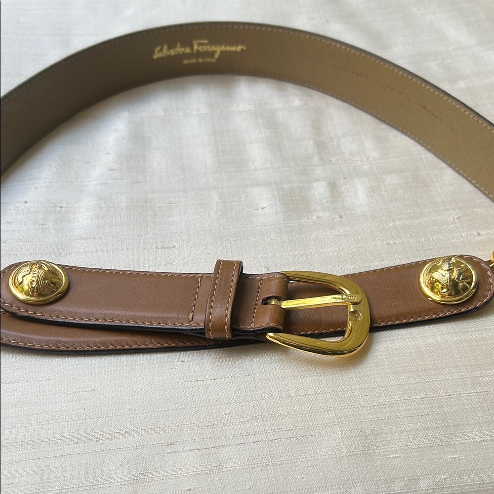 Ladies Salvatore Ferragamo Tan Leather Belt with Gold Accents